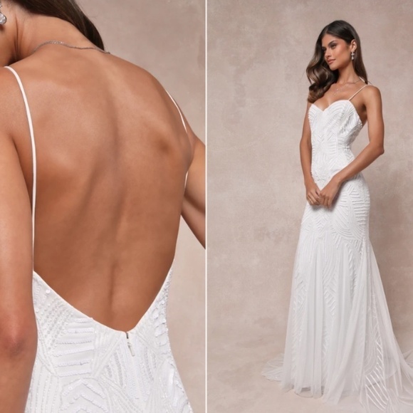 LULUS Bridal Wedding Elegant Sophisticated STUNNING Beaded Mermaid Gown NWOT - Picture 4 of 4
